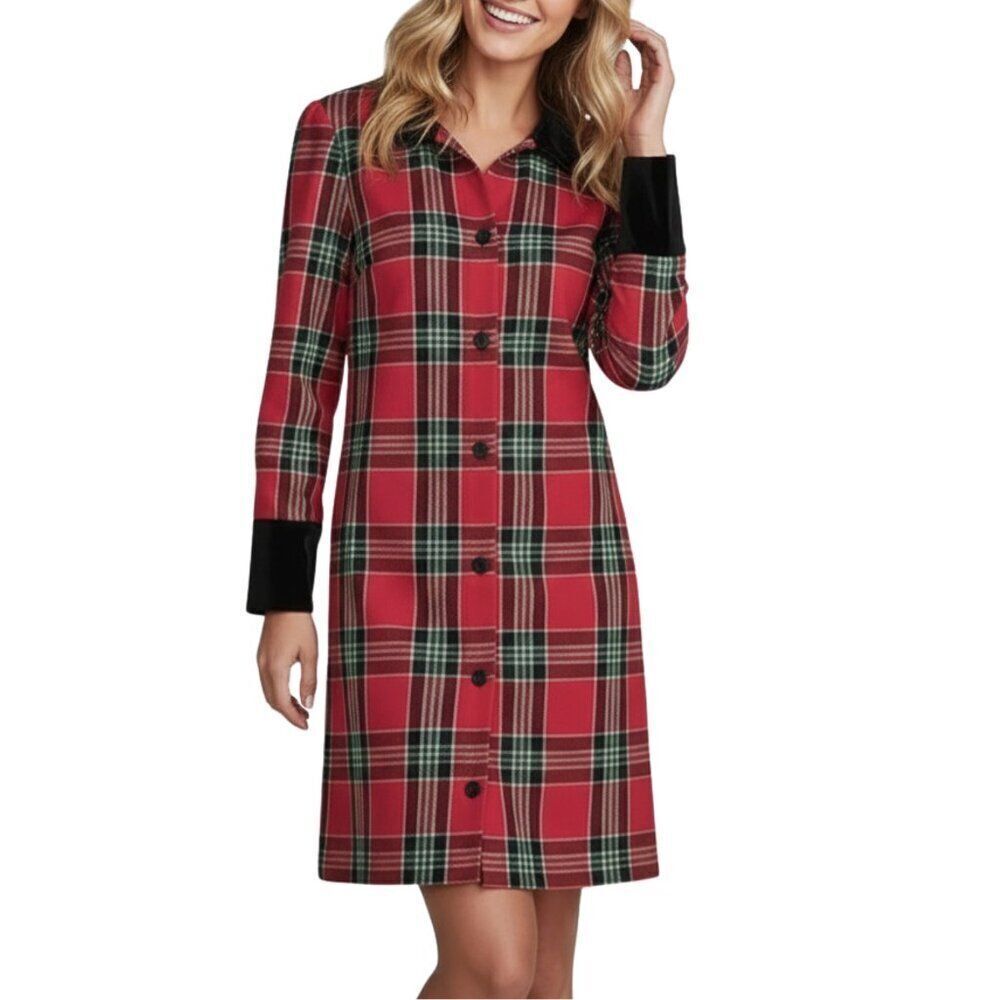 NWT Preston & York Laurel Plaid Velvet Cuff & Collar Long Sleeve Shirt Dress